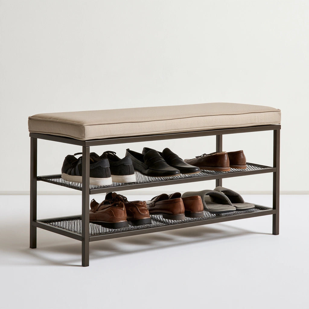 Panca portascarpe con contenitore dalle linee essenziali, colore beige