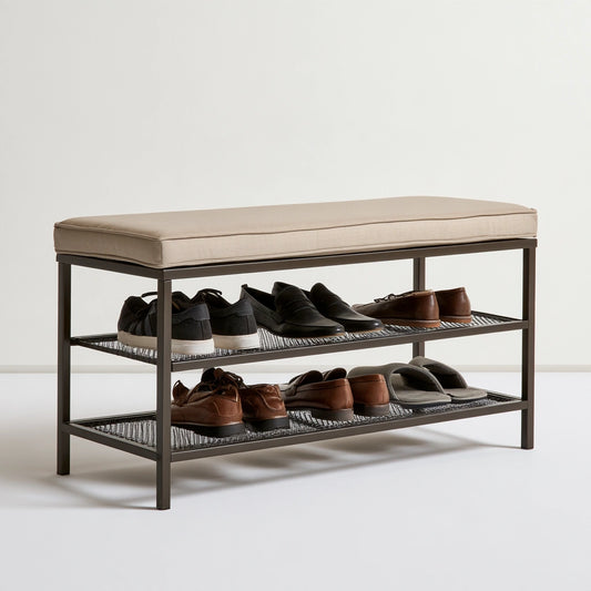 Panca portascarpe con contenitore dalle linee essenziali, colore beige