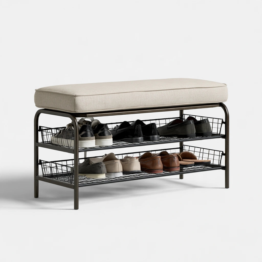 Panca portascarpe con contenitore dalle linee essenziali, colore beige