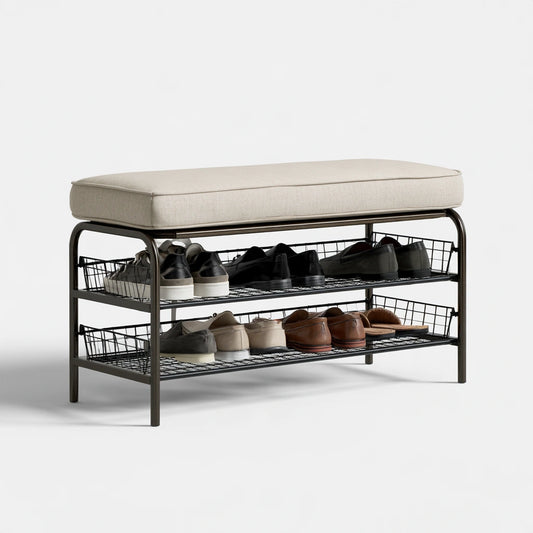 Panca portascarpe con contenitore dalle linee essenziali, colore beige
