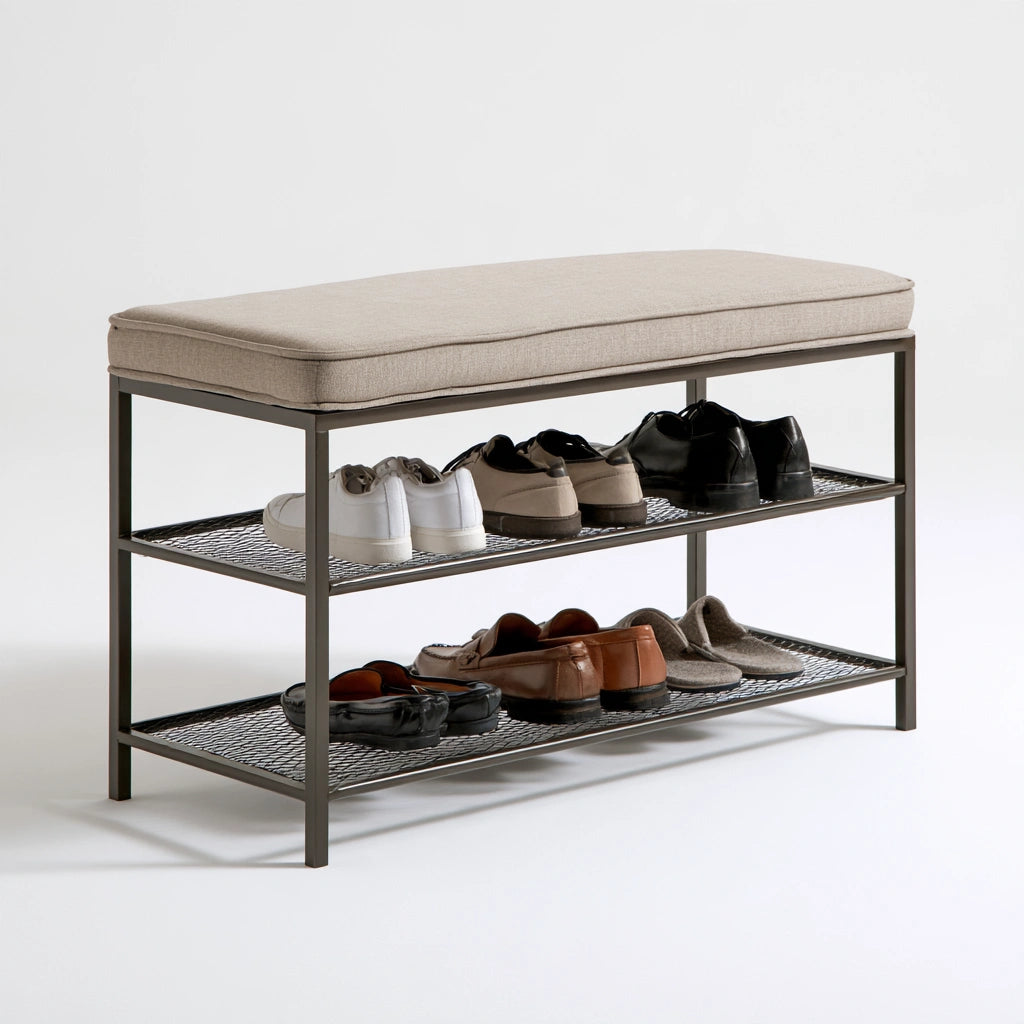 Panca portascarpe con contenitore dalle linee essenziali, colore beige