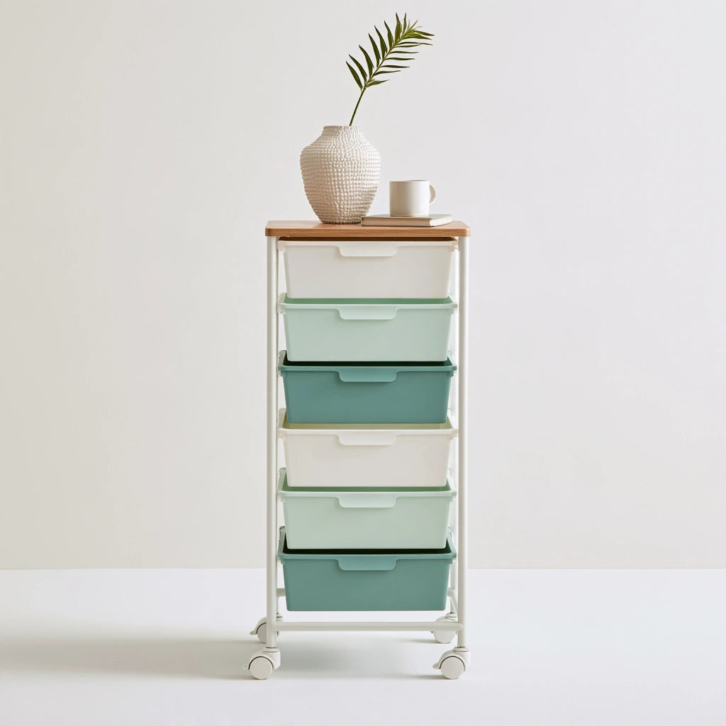 Carrello portaoggetti in legno con sei cassetti, colore marrone chiaro