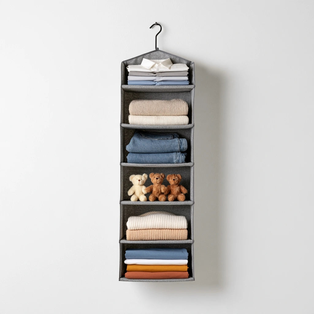 Organizer modulare rivestito in tessuto a sei livelli, colore grigio