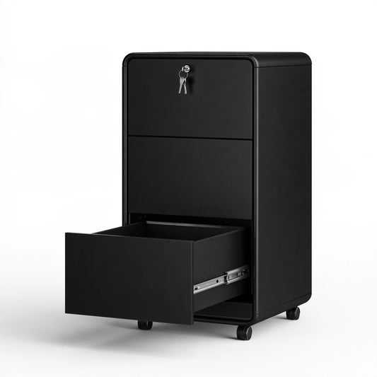 Cassettiera archivio su ruote dalle linee essenziali con tre cassetti, colore nero