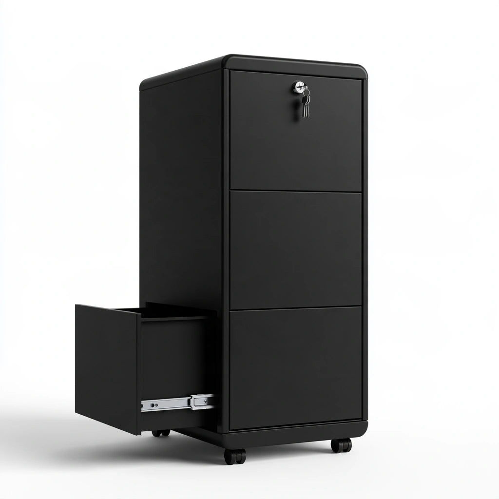 Cassettiera archivio su ruote dalle linee essenziali con tre cassetti, colore nero