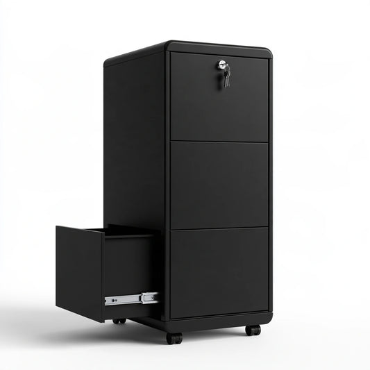 Cassettiera archivio su ruote dalle linee essenziali con tre cassetti, colore nero